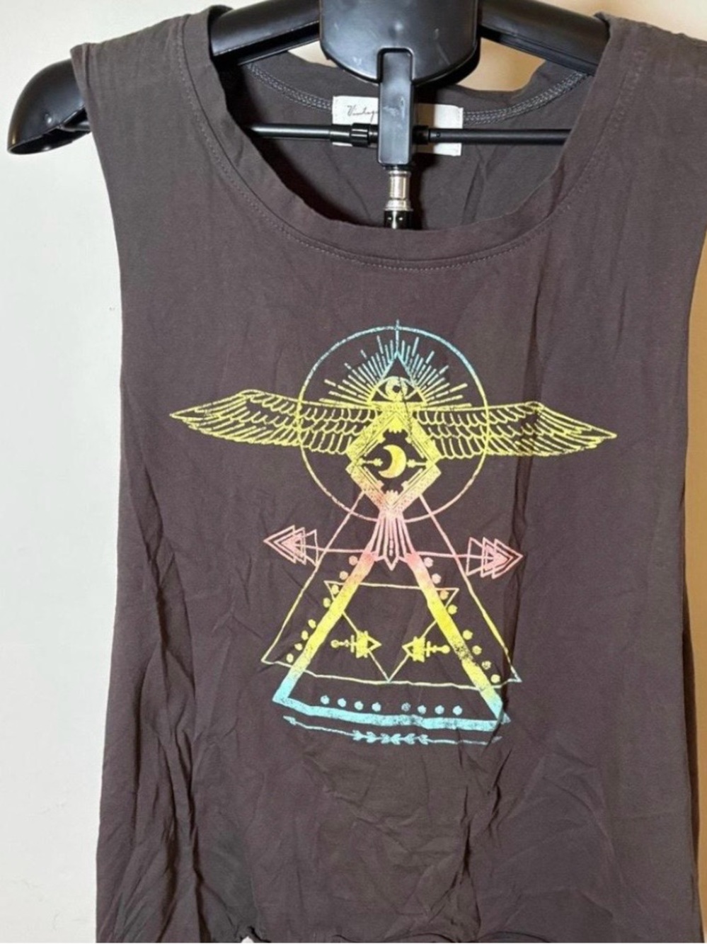 Vintage Havana black tank top with yellow, pink, and blue graphic of an eye with